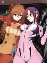 Rule 34 | 00s, 2girls, :d, blue eyes, blush, bodysuit, bra, bracer, breasts, brown hair, cat teaser, clothes writing, covered navel, cowboy shot, evangelion: 2.0 you can (not) advance, glasses, gloves, hair between eyes, hair ornament, hair over shoulder, hairband, hairpods, happy, highres, hip focus, holding, holding another&#039;s wrist, interface headset, long hair, looking at another, low twintails, makinami mari illustrious, medium breasts, multicolored clothes, multiple girls, neon genesis evangelion, niwatori kokezou, open mouth, parted bangs, pilot suit, plugsuit, purple hair, rebuild of evangelion, red-framed eyewear, see-through, shiny clothes, sidelocks, smile, souryuu asuka langley, test plugsuit, tickling, turtleneck, twintails, two side up, underwear, yuri