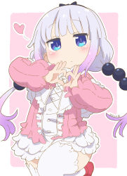 Rule 34 | 1girl, beads, blue eyes, blush, center frills, closed mouth, commentary request, dated, dress, frills, hair beads, hair ornament, heart, heart hands, highres, kanna kamui, kobayashi-san chi no maidragon, long sleeves, looking at viewer, low twintails, outline, purple hair, red footwear, samansa ex, short dress, slit pupils, solo, thighhighs, twintails, white outline, white thighhighs