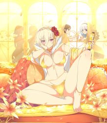 Rule 34 | 3girls, aimu (senran kagura), artist request, bare hips, bare legs, barefoot, bikini, blonde hair, breasts, brown hair, cameltoe, cape, cleavage, crossed legs, dressing another, feet, feet together, flower, front-tie bikini top, front-tie top, ginrei (senran kagura), hair flower, hair ornament, hand on own face, highres, jewelry, knees up, legs, leo (senran kagura), long hair, long legs, looking at viewer, micro bikini, multiple girls, necklace, on ground, revealing clothes, scroll, senran kagura, sexually suggestive, sideboob, silver hair, smile, spread legs, swimsuit, thick thighs, thighs