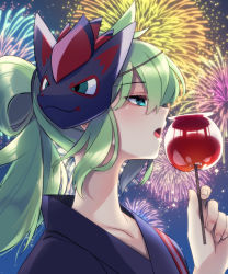 Rule 34 | 1boy, :o, candy apple, commentary request, creatures (company), fireworks, food, from side, game freak, green eyes, green hair, hand up, holding, japanese clothes, kimono, long hair, male focus, mask, mask on head, n (pokemon), n (summer 2022) (pokemon), night, nintendo, official alternate costume, open mouth, outdoors, pokemon, pokemon masters ex, sky, soumendaze, tongue, upper body