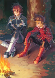 Rule 34 | 00s, age difference, boots, brown hair, campfire, crossed arms, father and son, fingerless gloves, gloves, happy, kratos aurion, lloyd irving, male focus, open mouth, red eyes, red hair, short hair, smile, stick, suspenders, tales of (series), tales of symphonia