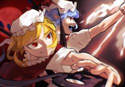 Rule 34 | 2girls, blast-7, blonde hair, blue hair, blurry, blurry background, blurry foreground, closed mouth, depth of field, fang, flandre scarlet, from side, full body, hat, highres, laevatein (touhou), medium hair, mob cap, moon, multiple girls, open mouth, pointy ears, puffy short sleeves, puffy sleeves, red background, red eyes, red moon, red ribbon, red vest, remilia scarlet, ribbon, ribbon-trimmed headwear, ribbon trim, shirt, short hair, short sleeves, siblings, sisters, teeth, touhou, upper body, vest, white headwear, white shirt, wrist cuffs