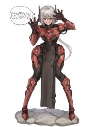 Rule 34 | 1girl, absurdres, aokuma (yuuran create), armor, claw pose, commentary request, fang, full body, grey hair, hair intakes, headgear, highres, long hair, looking at viewer, low ponytail, original, pelvic curtain, power armor, red eyes, science fiction, skin fang, solo, speech bubble, standing, very long hair, white background