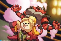 Rule 34 | &gt; &lt;, 1girl, animal crossing, arm up, blurry, blurry background, blush stickers, buttons, claws, collared shirt, colored sclera, commentary, creatures (company), crossover, english commentary, fire, game freak, gen 7 pokemon, green eyes, green vest, hands up, happy, incineroar, isabelle (animal crossing), jimsdaydreams, light, neck ribbon, nintendo, open mouth, pokemon, pokemon (creature), red ribbon, ribbon, sharp teeth, shirt, short sleeves, smile, smoke, standing, super smash bros., teeth, toes, tongue, twitter logo, twitter username, vest, watermark, web address, white shirt, yellow sclera