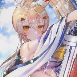 Rule 34 | 1girl, ayanami (azur lane), azur lane, bad id, bad twitter id, bandaid, bandaid on arm, bare shoulders, blonde hair, blue sky, blush, breasts, closed mouth, cloud, crop top, crop top overhang, detached sleeves, hair between eyes, hair ornament, hanato (seonoaiko), headgear, highres, holding, holding sword, holding weapon, long hair, looking at viewer, ponytail, red eyes, school uniform, shirt, sky, solo, star (symbol), sword, upper body, water drop, weapon, white shirt, wide sleeves