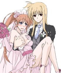 Rule 34 | 00s, 2girls, blonde hair, blush, bouquet, boutonniere, grabbing another&#039;s breast, breasts, bride, cleavage, couple, dress, elbow gloves, elf (stroll in the woods), fate testarossa, flower, formal, gloves, grabbing, groom, jewelry, long hair, lyrical nanoha, mahou shoujo lyrical nanoha, medium breasts, multiple girls, panties, ring, smile, suit, takamachi nanoha, underwear, wedding, wedding band, wedding dress, wife and wife, yuri