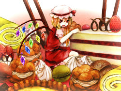 Rule 34 | 1girl, :d, blonde hair, cake, fang, flandre scarlet, food, hat, in food, mini person, minigirl, mob cap, open mouth, oversized object, puffy short sleeves, puffy sleeves, red eyes, rnkgmn, short sleeves, side ponytail, skirt, smile, sweets, touhou, vest, wings