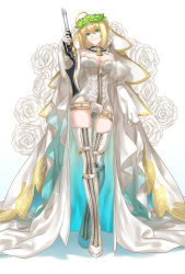 Rule 34 | 10s, 1girl, aestus estus, ahoge, arm at side, bare shoulders, belt, belt buckle, belt skirt, boots, breasts, bridal veil, buckle, bursting breasts, chain, cleavage, clenched hand, closed mouth, crossed legs, detached collar, detached sleeves, elbow gloves, fate/extra, fate/extra ccc, fate/grand order, fate (series), floral background, flower, from below, full-length zipper, full body, gloves, green eyes, hair between eyes, hair ribbon, hand up, head tilt, head wreath, holding, holding sword, holding weapon, lace, large breasts, leotard, lock, long legs, looking at viewer, mitsuki hana, nero claudius (bride) (fate), nero claudius (bride) (third ascension) (fate), nero claudius (fate), nero claudius (fate) (all), padlock, puffy detached sleeves, puffy sleeves, reverse grip, ribbon, ribbon trim, rose, shadow, short hair with long locks, showgirl skirt, sidelocks, skirt, sleeves past wrists, solo, standing, strapless, strapless leotard, sword, thigh boots, thigh gap, thigh strap, thighhighs, veil, weapon, white background, white flower, white footwear, white leotard, white ribbon, white rose, white skirt, white thighhighs, wreath, zipper, zipper pull tab