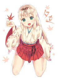 Rule 34 | 10s, 1girl, :d, alternate costume, autumn leaves, blonde hair, from behind, full body, green eyes, hair ornament, hair ribbon, highres, japanese clothes, kantai collection, kimono, leaf, long hair, long sleeves, maple leaf, mashiro moro, miko, open mouth, ribbon, short kimono, simple background, sitting, smile, solo, straight hair, wariza, yuudachi (kancolle)