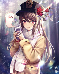 Rule 34 | 1girl, :q, absurdres, alternate costume, black hat, black nails, blurry, boo tao (genshin impact), brown coat, brown hair, bug, butterfly, coat, cup, day, depth of field, flower, flower-shaped pupils, food, forest, genshin impact, ghost, hands up, hat, hat flower, hat tassel, highres, holding, holding cup, holding food, holding ice cream, hu tao (genshin impact), ice cream, insect, jewelry, kazamatsuri honatsu, long hair, long sleeves, looking at viewer, mini flag, multiple rings, nail polish, nature, outdoors, plum blossoms, pocket, porkpie hat, red eyes, ring, scarf, sidelocks, solo, sundae, symbol-shaped pupils, tongue, tongue out, tree, upper body, white scarf