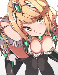 Rule 34 | 1girl, absurdres, bare shoulders, black pantyhose, blonde hair, breasts, chest jewel, cleavage, cleavage cutout, clothing cutout, dress, earrings, elbow gloves, gloves, gokuu (acoloredpencil), highres, jewelry, large breasts, long hair, mythra (massive melee) (xenoblade), mythra (xenoblade), nintendo, pantyhose, short dress, solo, super smash bros., swept bangs, tiara, tsundere, very long hair, white dress, white gloves, xenoblade chronicles (series), xenoblade chronicles 2, yellow eyes