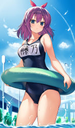 Rule 34 | 1girl, blue eyes, blue sky, breasts, chain-link fence, cloud, contrail, cowboy shot, day, fence, fujino shion, hatsu inu, highres, innertube, kurebayashi noe, large breasts, looking at viewer, name tag, object insertion, outdoors, purple hair, school swimsuit, short hair, sky, soaking feet, solo, swim ring, swimsuit, thighs, vaginal, vaginal object insertion, vibrator, vibrator under clothes, wading, water