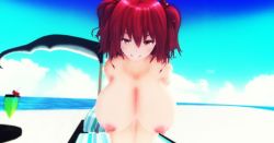 Rule 34 | 3d, artist request, beach, blue sky, braid, breasts, breasts out, curvy, exhibitionism, eyebrows, juice, large breasts, looking at viewer, nipples, nude, onozuka komachi, pov, public indecency, red eyes, red hair, scythe, seductive smile, sexually suggestive, short hair, sky, smile, tagme, touhou