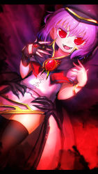 Rule 34 | 1girl, :d, absurdres, alternate costume, black thighhighs, cape, character request, fangs, fingerless gloves, fingernails, gloves, hands up, hat, highres, letterboxed, looking at viewer, low wings, medium hair, niwarhythm, open mouth, purple hair, red eyes, single glove, smile, solo, thighhighs, touhou, wings