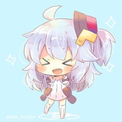 Rule 34 | &gt; &lt;, 1girl, :d, ahoge, azur lane, bare shoulders, black bow, blue background, blush, bow, chibi, closed eyes, detached sleeves, dress, facing viewer, full body, hair ornament, kneehighs, kou hiyoyo, long hair, long sleeves, no shoes, one side up, open mouth, silver hair, sleeves past wrists, smile, socks, solo, sparkle, standing, standing on one leg, strapless, strapless dress, twitter username, universal bulin (azur lane), very long hair, white dress, white sleeves, white socks, xd