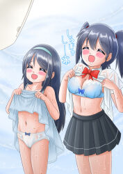 Rule 34 | 2girls, air conditioner, bare legs, black hair, blush, bow, bow panties, bra, breasts, check commentary, cleavage, closed eyes, clothes lift, collarbone, commentary, commentary request, dress, dress lift, eyelashes, hairband, highres, hot, long hair, medium breasts, mtak46597821, multiple girls, navel, open clothes, open mouth, open shirt, original, panties, polka dot, polka dot panties, red bow, saliva, school uniform, short sleeves, sidelocks, simple background, skirt, sleeveless, sleeveless dress, smile, stomach, sweat, sweaty clothes, translation request, twintails, underwear, very sweaty