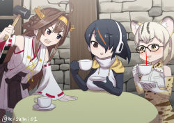 Rule 34 | 10s, 3girls, ahoge, animal ears, black eyes, black hair, blood, brown hair, cat ears, commentary request, crossover, cup, detached sleeves, double bun, emperor penguin (kemono friends), glasses, hairband, hammer, headphones, holding, kantai collection, kemono friends, kongou (kancolle), long hair, margay (kemono friends), margay print, misumi (niku-kyu), multicolored hair, multiple girls, nontraditional miko, nosebleed, short hair, silver hair, teacup, two-tone hair