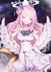 Rule 34 | 1girl, angel wings, blue archive, blush, breasts, double v, dress, feathered wings, flower, hair bun, hair flower, hair ornament, halo, large breasts, long hair, looking at viewer, low wings, mika (blue archive), one eye closed, pink hair, pink halo, scrunchie, single side bun, smile, solo, undreaming, v, white dress, white wings, wings, yellow eyes