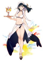 Rule 34 | 1girl, :d, arm at side, bare legs, bare shoulders, bikini, black bikini, black eyes, black footwear, black hair, black neckwear, blush, breasts, cleavage, collarbone, commentary request, copyright request, dress, floating hair, frills, full body, grin, heart, long hair, maid, maid bikini, mary janes, medium breasts, mismatched bikini, multicolored background, navel, no socks, open mouth, original, parted lips, see-through, shoes, smile, solo, stomach, sundress, swimsuit, tareme, umishima senbon, unconventional maid, waist cape, waitress, white bikini
