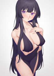 Rule 34 | 1girl, arm under breasts, bare shoulders, blush, breasts, cleavage, collarbone, commentary, cowboy shot, dress, hand on own chest, highres, large breasts, long hair, looking at viewer, ni (221), open mouth, purple dress, purple eyes, purple hair, sideboob, simple background, solo, spy kyoushitsu, thea (spy kyoushitsu), thighs, white background