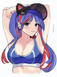 Rule 34 | 1girl, bikini, blue bikini, blue hair, blush, breasts, cleavage, closed mouth, collarbone, grey eyes, highres, kantai collection, kozu (bloomme1 me), large breasts, long hair, multicolored hair, red hair, simple background, smile, solo, south dakota (kancolle), swimsuit, twitter username, upper body, white background, white hair