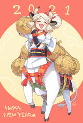 Rule 34 | 1girl, 2021, animal ears, centauroid, chinese clothes, chinese zodiac, cow ears, cow girl, cow horns, closed eyes, facing viewer, full body, highres, holding, hooves, horns, monster girl, new year, open mouth, original, over shoulder, ox girl, ponytail, red background, short hair, sidelocks, solo, taur, thick eyebrows, white fur, white hair, yamanobe saya, yellow background