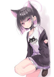 Rule 34 | 1girl, absurdres, animal ears, arm behind back, arm grab, black collar, black hair, black jacket, blue archive, brown footwear, closed mouth, clothes writing, collar, commentary request, earrings, english text, grey socks, hair ornament, hairclip, halo, highres, hizaka, jacket, jewelry, kazusa (band) (blue archive), kazusa (blue archive), loafers, looking at viewer, mask, mask pull, mouth mask, multicolored hair, off shoulder, open clothes, open jacket, pink hair, pleated skirt, purple eyes, shirt, shoes, skirt, socks, solo, stud earrings, two-tone hair, white background, white shirt, white skirt