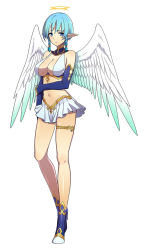 Rule 34 | 1girl, angel wings, aqua eyes, artist request, bare shoulders, blue hair, braid, breasts, cleavage, detached collar, detached sleeves, elbow gloves, embarrassed, gloves, halo, halterneck, labelcase, large breasts, legs, long sleeves, looking at viewer, navel, pleated skirt, pointy ears, simple background, skirt, solo, standing, stomach, toushin toshi, toushin toshi girls gift, toushin toshi ii, white background, white skirt, white wings, wings