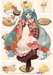 Rule 34 | 1girl, animal, apron, aqua eyes, aqua hair, blueberry, boots, bow, bowl, brown footwear, brown hakama, brown ribbon, buttons, carrot slice, checkered background, checkered clothes, checkered kimono, chef hat, chicken (food), commentary request, cross-laced footwear, crypton future media, cup, dot nose, double-breasted, earrings, egg, fingernails, food, food-themed clothes, food-themed hair ornament, food request, fork hair ornament, fried chicken, fruit, full body, grid background, hair bow, hair ornament, hair ribbon, hairclip, hakama, hakama skirt, hands up, happy, hardboiled egg, hat, hatsune miku, highres, holding, holding bowl, holding food, holding spoon, ice cream, japanese clothes, jewelry, kappougi, kimono, lace-up boots, lemon, lemon slice, lettuce, long hair, low-braided long hair, low-tied long hair, low twintails, mint, neckerchief, noodles, official art, open mouth, orange kimono, piapro, plate, rabbit, rabbit yukine, ramen, red bow, red neckerchief, red pupils, ribbon, shrimp hair ornament, sidelocks, simple background, skirt, smile, snowflake print, solo, spoon, spoon hair ornament, strawberry, sushi, swept bangs, tsurime, twintails, two-tone background, very long hair, vocaloid, wavy hair, white apron, white background, white ribbon, yellow background, yuki miku, yuki miku (2024), yuu (higashi no penguin)