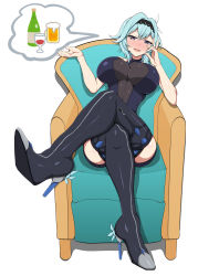 Rule 34 | 1girl, :d, absurdres, alcohol, bare shoulders, beer mug, blue hair, blush, bodysuit, bootjob, boots, breasts, chair, cocktail glass, commentary, crossed legs, cup, drinking glass, eula (genshin impact), full body, gdgdxd96, genshin impact, grey eyes, hair between eyes, hair ornament, hand up, high heels, highres, knees together feet apart, large breasts, liquor, looking at viewer, medium hair, mug, open mouth, sadism, shiny skin, simple background, sitting, smile, soles, solo, speech bubble, thigh boots, thighhighs, thighs, white background