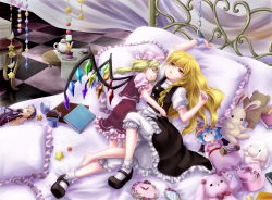 Rule 34 | 00s, 2girls, arm up, bed, blonde hair, bloomers, blue hair, book, box, braid, cake, chain, chained, chain, character doll, clock, cuffs, cup, female focus, flandre scarlet, flower, food, frilled pillow, frills, gothic lolita, hairband, hand on own hip, hat, hip focus, kirisame marisa, lolita fashion, lying, mary janes, mirror, multiple girls, on back, on side, patchouli knowledge, pillow, red flower, red rose, remilia scarlet, rose, rozen maiden, shackles, shirt, shoes, side ponytail, skirt, skirt set, sleeping, star (symbol), stuffed animal, stuffed rabbit, stuffed toy, suigintou, table, teacup, teapot, teddy bear, tile floor, tiles, touhou, underwear, yellow eyes, yuna-yume