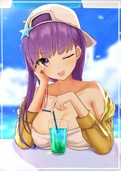 Rule 34 | 1girl, bare shoulders, bb (fate), bb (fate) (all), bb (swimsuit mooncancer) (fate), bb (swimsuit mooncancer) (first ascension) (fate), breasts, cleavage, collarbone, commentary, cup, day, drinking glass, drinking straw, ensiro, fate/grand order, fate (series), hair ornament, hat, highres, ice, ice cube, large breasts, long hair, long sleeves, looking at viewer, off-shoulder jacket, off shoulder, one eye closed, outdoors, purple eyes, purple hair, smile, solo, star (symbol), star hair ornament