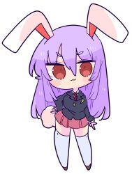 Rule 34 | 1girl, :3, animal ears, blouse, brown footwear, collared shirt, crescent, crescent pin, highres, jacket, light purple hair, long hair, long sleeves, medium skirt, necktie, op na yarou, pink skirt, pleated skirt, purple hair, rabbit ears, rabbit tail, red eyes, red necktie, reisen udongein inaba, shirt, shoes, simple background, skirt, solo, suit jacket, tail, thighhighs, touhou, v-shaped eyebrows, very long hair, white background, white shirt, white thighhighs