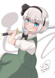 Rule 34 | 1girl, 2021, artist name, black bow, black bowtie, black hairband, blue eyes, blush, bow, bowtie, closed mouth, collar, collared shirt, dated, dress, ghost, green dress, grey hair, hair between eyes, hairband, hands up, highres, katana, konpaku youmu, konpaku youmu (ghost), looking at viewer, puffy short sleeves, puffy sleeves, rital, shirt, short hair, short sleeves, simple background, smile, solo, sword, touhou, weapon, white background, white shirt