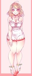 Rule 34 | ahoge, akamatsu kaede, ankle cuffs, arm behind back, bare arms, bare shoulders, black choker, blonde hair, blush, bow, breasts, cherry earrings, cherry hair ornament, cherry print, choker, cleavage, closed mouth, clover jello, collarbone, danganronpa (series), danganronpa v3: killing harmony, dress, earrings, ears, eyelashes, fingernails, food-themed earrings, food-themed hair ornament, food print, food themed earrings, full body, green footwear, hair ornament, heart, heart marking, heart on cheek, highres, jewelry, looking at viewer, multicolored background, multicolored clothes, multicolored footwear, nail polish, parted bangs, pink background, pink nails, purple eyes, red bow, red footwear, red ribbon, red trim, ribbon, simple background, smile, thighs, tight clothes, tight dress, white background, white dress, white footwear