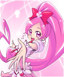 Rule 34 | 10s, 1girl, cure blossom, dress, earrings, eyelashes, hair ornament, hair ribbon, hanasaki tsubomi, happy, heartcatch precure!, jewelry, long hair, looking at viewer, maboroshineko, magical girl, open mouth, pink background, pink dress, pink eyes, pink hair, pink theme, ponytail, precure, puffy sleeves, ribbon, smile, solo, very long hair, wrist cuffs