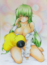 Rule 34 | 1girl, breasts, c.c., cheese-kun, chirol, cleavage, code geass, collarbone, highres, long hair, marker (medium), medium breasts, off shoulder, one eye closed, open clothes, open shirt, shirt, solo, thighs, traditional media, rubbing eyes, yellow eyes
