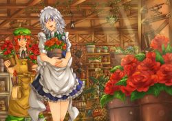 Rule 34 | 2girls, apron, bad id, bad pixiv id, blue dress, blue eyes, boots, bow, braid, carrying, collared shirt, dress, female focus, flower, green dress, hair bow, hair ribbon, hat, holding, hong meiling, indoors, izayoi sakuya, lamp, long hair, maid, maid apron, maid headdress, multiple girls, neck ribbon, open mouth, plant, potted plant, red flower, red hair, red rose, ribbon, rose, shelf, shirt, short hair, short sleeves, shovel, silver hair, star (symbol), sunlight, touhou, twin braids, vest, waist apron, watering can, worktool, yagimiwa