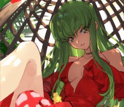 Rule 34 | 1girl, bare shoulders, breasts, c.c., cleavage, clothing cutout, code geass, creayus, day, dress, green hair, hair between eyes, hanging chair, knees up, long hair, looking at viewer, medium breasts, open mouth, plant, red dress, shoulder blades, solo, spaghetti strap, straight hair, very long hair, yellow eyes