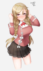Rule 34 | 1girl, braid, breasts, brown skirt, cloud hair ornament, cosplay, cowboy shot, cropped legs, gradient hair, grey background, highres, japanese clothes, kantai collection, kariginu, large breasts, light brown hair, long hair, looking at viewer, magatama, maru (marg0613), minegumo (kancolle), multicolored hair, pleated skirt, red eyes, red shirt, ryuujou (kancolle), ryuujou (kancolle) (cosplay), shirt, simple background, skirt, solo, twin braids