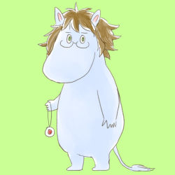 Rule 34 | animalization, brown hair, glasses, green background, green eyes, jewelry, unworn jewelry, looking at viewer, moomin, moomintroll, necklace, unworn necklace, pendant, scp foundation, seneo, simple background, standing, tail
