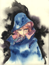 Rule 34 | 1990s (style), 1girl, black eyes, cloak, closed mouth, earrings, emeraldas, expressionless, harlock saga, hood, hooded cloak, jewelry, light smile, looking at viewer, orange hair, painting (medium), queen emeraldas, retro artstyle, scar, simple background, solo, stitches, traditional media, upper body, watercolor (medium), yellow background