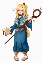 Rule 34 | 1girl, ambrosia (dungeon meshi), blonde hair, blue capelet, blue dress, book, braided sidelock, brown pants, capelet, ceresria, commentary, dress, dungeon meshi, full body, green eyes, hair rings, highres, holding, holding book, holding staff, long hair, marcille donato, pants, pointy ears, pouch, sandals, solo, staff, very long hair