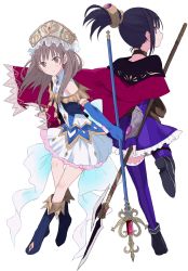 Rule 34 | 2girls, arm behind back, atelier (series), atelier lulua, atelier totori, back-to-back, black hair, blue gloves, boots, bow, bracer, brown eyes, brown hair, cape, choker, dress, elbow gloves, fingerless gloves, frills, gloves, hair ornament, halberd, headdress, holding, holding weapon, knee boots, looking at viewer, looking back, maromi (am97), mimi houllier von schwarzlang, multiple girls, plantar flexion, polearm, ponytail, red eyes, simple background, smile, staff, standing, standing on one leg, thighhighs, totooria helmold, weapon, white background