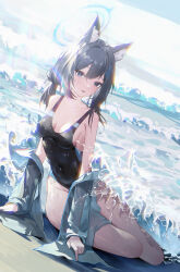 Rule 34 | 1girl, absurdres, animal ear fluff, animal ears, black one-piece swimsuit, blue archive, blue eyes, blue jacket, breasts, competition swimsuit, covered navel, cross hair ornament, dutch angle, extra ears, grey hair, hair ornament, halo, highres, jacket, kyky (-kyky), low ponytail, medium breasts, medium hair, mismatched pupils, multicolored clothes, multicolored swimsuit, official alternate costume, one-piece swimsuit, shiroko (blue archive), shiroko (swimsuit) (blue archive), solo, swimsuit, waves, wolf ears