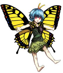 Rule 34 | 1girl, absurdres, antennae, aqua hair, bare legs, barefoot, butterfly wings, dress, eternity larva, fairy, full body, green dress, hair between eyes, highres, insect wings, multicolored clothes, multicolored dress, open mouth, outstretched arms, piaki, red eyes, short hair, single strap, smile, solo, spread arms, tachi-e, touhou, transparent background, wings