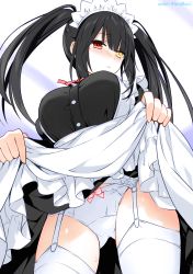Rule 34 | 1girl, alex micli, apron, asymmetrical hair, black hair, bow, bow panties, breasts, clock eyes, clothes lift, colorized, date a live, dress shirt, from below, garter straps, heterochromia, highres, large breasts, lifted by self, long hair, maid, maid headdress, novel illustration, official art, panties, red eyes, shirt, skirt, skirt lift, solo, standing, symbol-shaped pupils, thighhighs, third-party edit, tokisaki kurumi, tsunako, twintails, underwear, very long hair, waist apron, yellow eyes