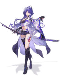 Rule 34 | 1girl, absurdres, acheron (honkai: star rail), asymmetrical footwear, bandaged leg, bandages, black choker, black footwear, black shorts, boots, breasts, choker, cleavage, coat, commentary request, crop top, crossed legs, full body, hair ornament, hair over one eye, high heel boots, high heels, highres, honkai: star rail, honkai (series), kabuto tong, katana, leg tattoo, long hair, long sleeves, looking at viewer, midriff, navel, partial commentary, purple eyes, purple hair, scabbard, sheath, sheathed, short shorts, shorts, simple background, single sleeve, small breasts, solo, standing, stomach, sword, tattoo, thigh boots, very long hair, watson cross, weapon, white background, white coat, wide sleeves