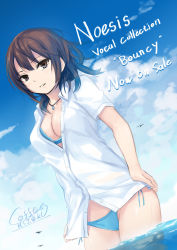 Rule 34 | 1girl, bikini, bird, blue bikini, breasts, brown eyes, brown hair, cleavage, cloud, coffee-kizoku, day, dutch angle, english text, highres, jewelry, large breasts, looking at viewer, necklace, original, parted lips, short hair, side-tie bikini bottom, signature, sky, solo, swimsuit, wading, water