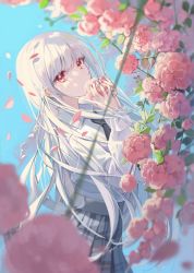 Rule 34 | 1girl, black necktie, buri (retty9349), collared shirt, commentary, cowboy shot, flower, grey skirt, highres, holding, holding flower, long hair, long sleeves, looking at viewer, necktie, original, petals, plaid, plaid skirt, pleated skirt, red eyes, red flower, shirt, skirt, solo, symbol-only commentary, very long hair, white hair, white shirt
